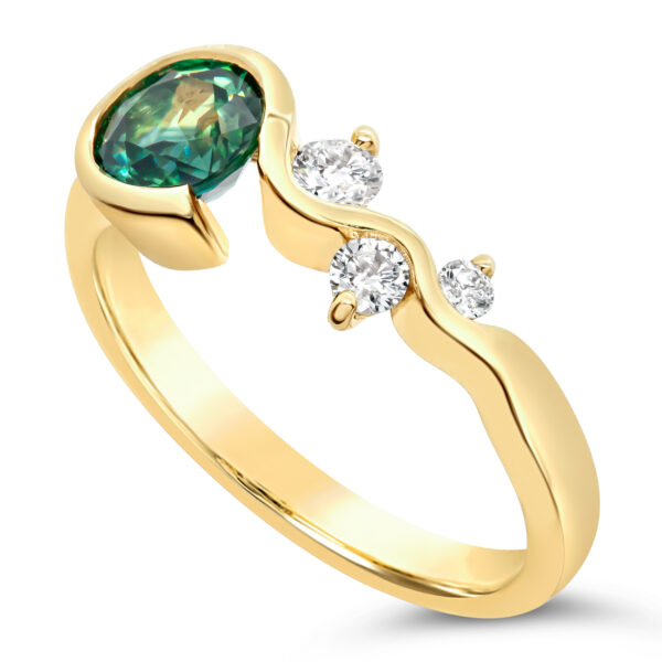 Australian Green-Blue Parti Sapphire Ring with Diamonds Wavy Ring in Yellow Gold by World Treasure Designs
