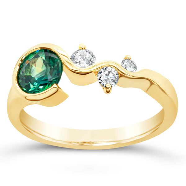 Australian Green-Blue Parti Sapphire Ring Contemporary Design in Yellow Gold by World Treasure Designs