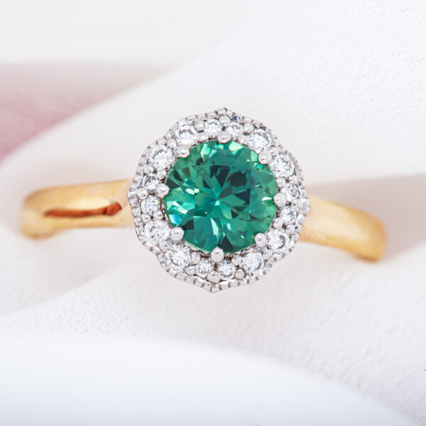 Australian Mint Green/Blue Sapphire Ring with Diamond Halo in Yellow Gold by World Treasure Designs