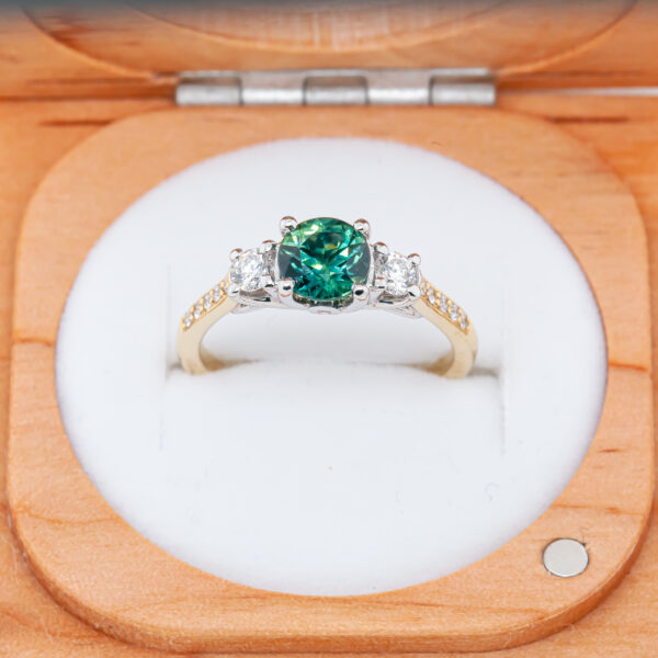 Australian Sapphire Diamond Trilogy Ring with Blue-Green Sapphire in in Yellow Gold by World Treasure Designs