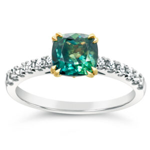Australian Teal Green Parti Sapphire Ring with Diamonds in White Gold by World Treasure Designs