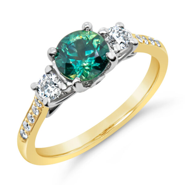 Australian Teal Parti Sapphire Trilogy Ring with Diamonds in Yellow Gold by World Treasure Designs