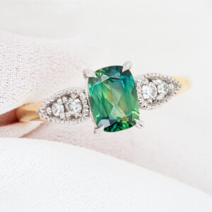 Blue-Green-Aqua Parti Sapphire Right With Australian Sapphire and Diamonds in Yellow Gold by World Treasure Designs