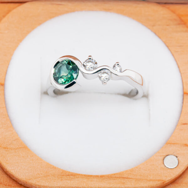 Blue-Green Parti Sapphire Ring with Diamonds in White Gold by World Treasure Designs