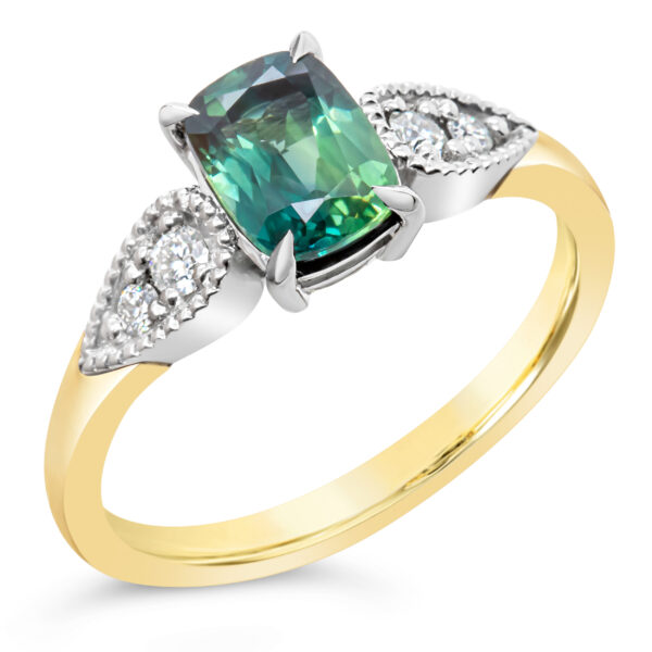 Blue-Green Parti Sapphire Ring with Diamonds in Yellow Gold by World Treasure Designs