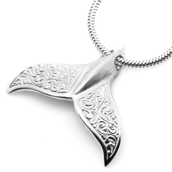 Engraved Humpback Whale Tail Necklace in Sterling Silver by World Treasure Designs