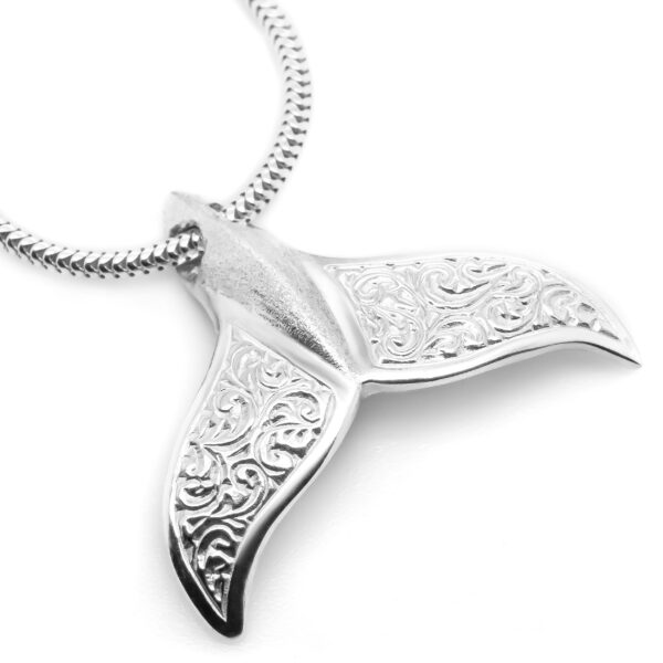 Engraved Whale Tail Necklace in Sterling Silver by World Treasure Designs