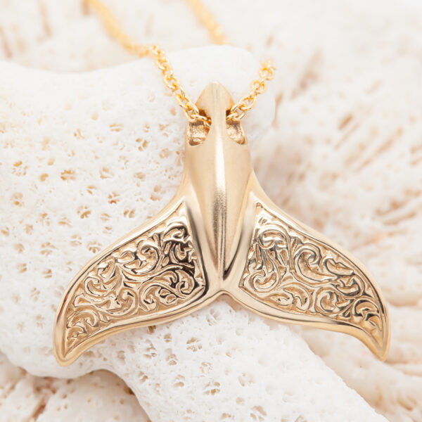 Gold Whale Tail Necklace Engraved Humpback Fluke by World Treasure Designs