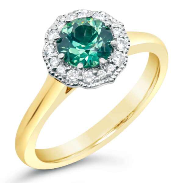 Green-Blue Australian Sapphire Ring with Diamond Halo in Yellow Gold by World Treasure Designs