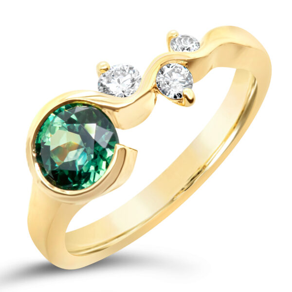 Green-Blue Parti Sapphire Ring with Diamonds Unique Design in Yellow Gold by World Treasure Designs