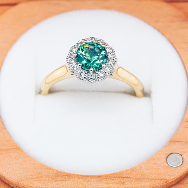 Mint Green/Blue Australian Sapphire Ring with Diamond Halo in Yellow Gold by World Treasure Designs