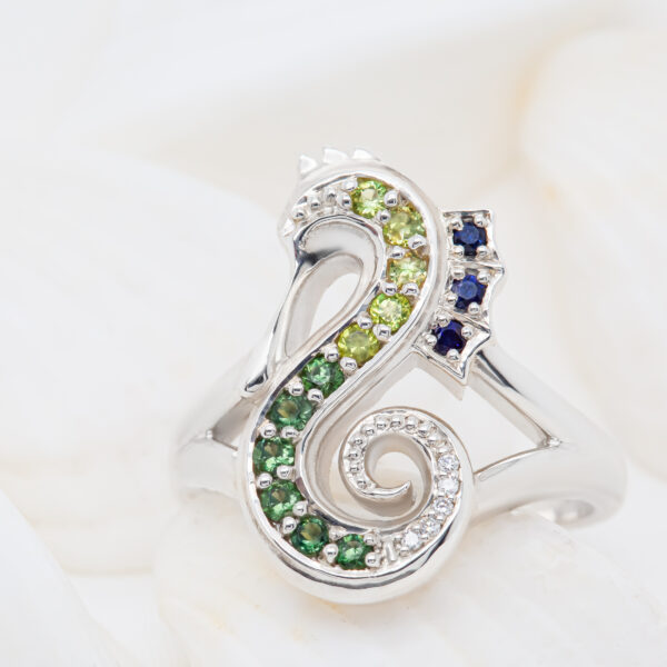 Ocean Jewellery Seahorse Ring with Sapphires and Diamonds in Silver by World Treasure Designs