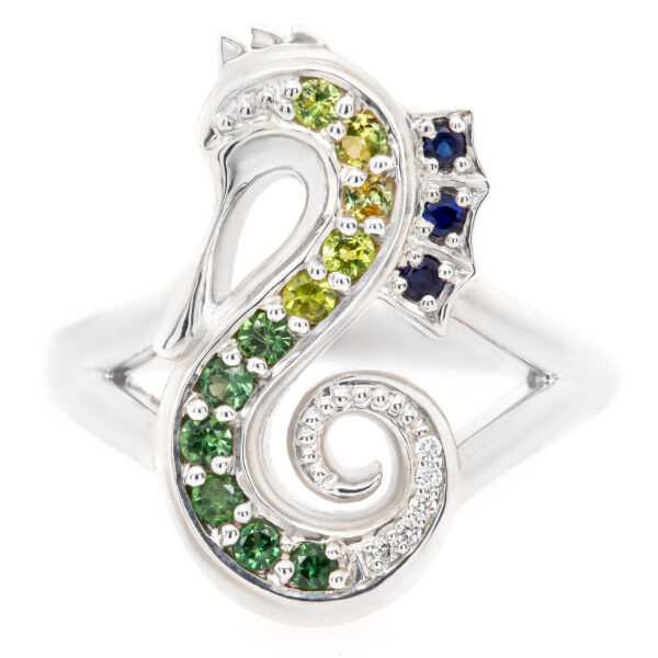 Seahorse Sapphire Ring in Sterling Silver with Diamonds by World Treasure Designs