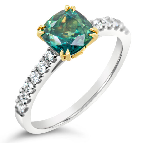 Teal Green Australian Parti Sapphire Ring with Diamonds in White Gold by World Treasure Designs