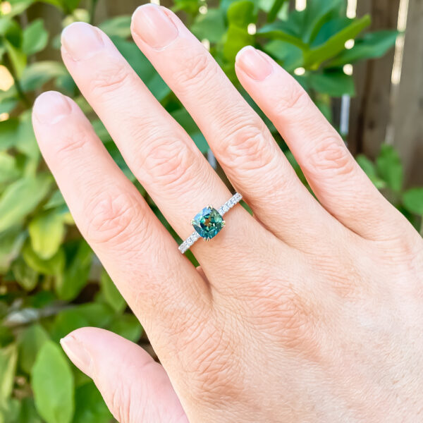 Teal Green Parti Sapphire Ring with Diamonds in White Gold by World Treasure Designs