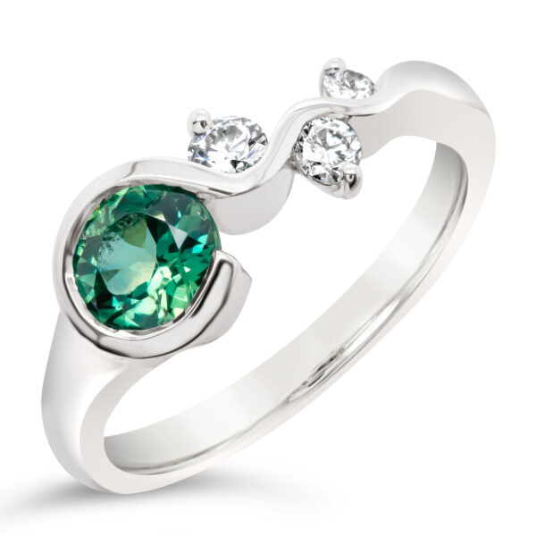 Teal-Green Parti Sapphire Ring with Diamonds Contemporary Design in White Gold by World Treasure Designs