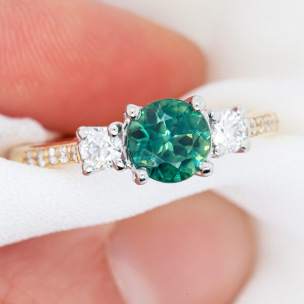 Teal-Green Sapphire Diamond Trilogy Ring with Aussie Sapphire in Yellow Gold by World Treasure Designs
