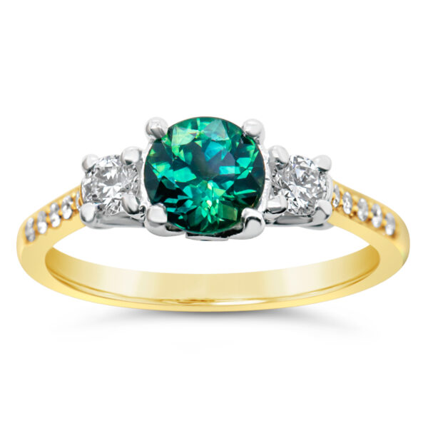 Teal Parti Sapphire Trilogy Ring Australian Sapphire and Diamonds in Yellow Gold by World Treasure Designs