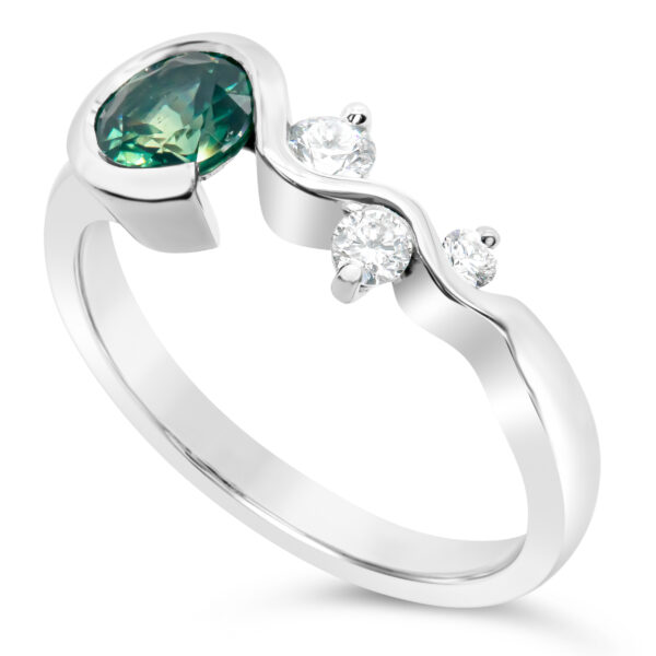 Unique Australian Green-Blue Parti Sapphire Ring with Diamonds in White Gold by World Treasure Designs
