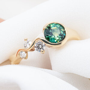 Wavy Green-Blue Parti Sapphire Ring with Diamonds in Yellow Gold by World Treasure Designs