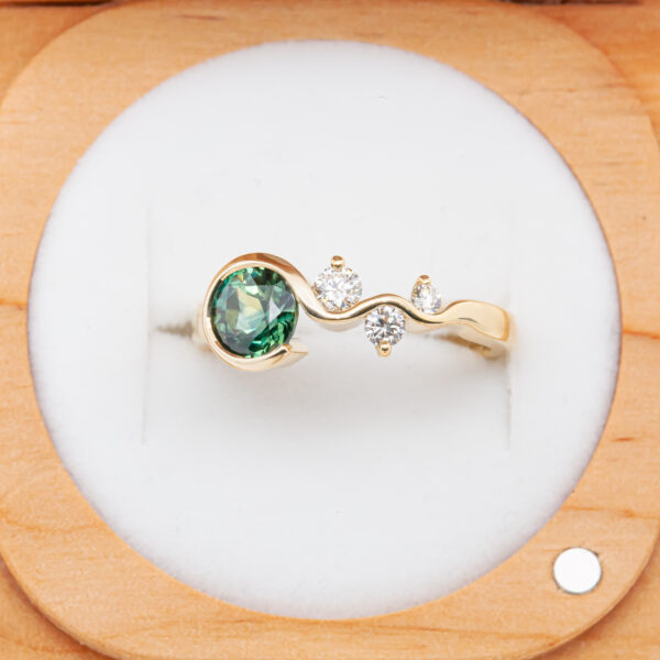 Green=Blue Parti Sapphire Ring with Diamonds in Yellow Gold by World Treasure Designs