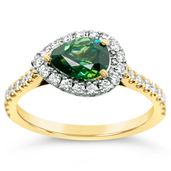 Australian Green Parti Sapphire Ring Horizontal Pear with Diamonds in Yellow Gold by World Treasure Designs