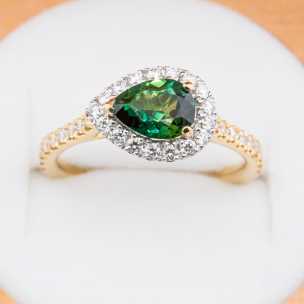 Australian Green Sapphire Ring Pear Shaped with Diamonds in Yellow Gold by World Treasure Designs