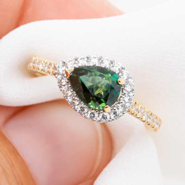 Pear Shaped Green Sapphire Ring Australian Sapphire and Diamonds in Yellow Gold by World Treasure Designs