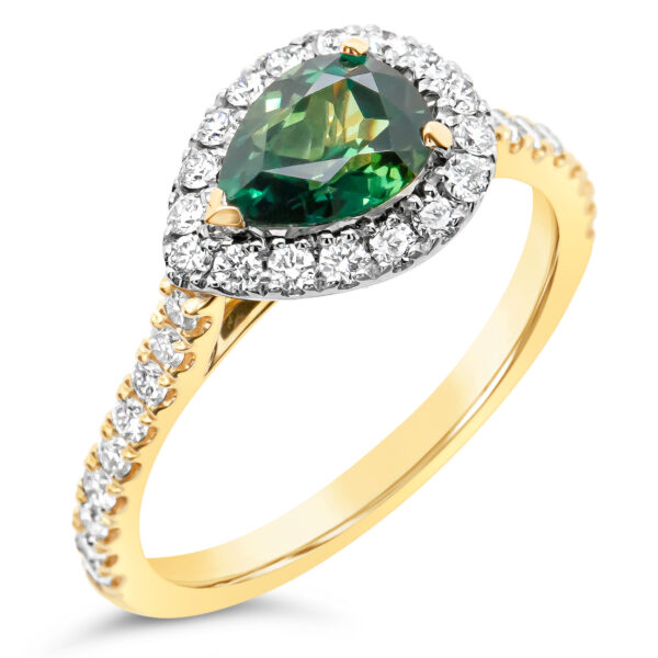 Sideways Pear Green Parti Sapphire Ring with Diamonds in Yellow Gold by World Treasure Designs