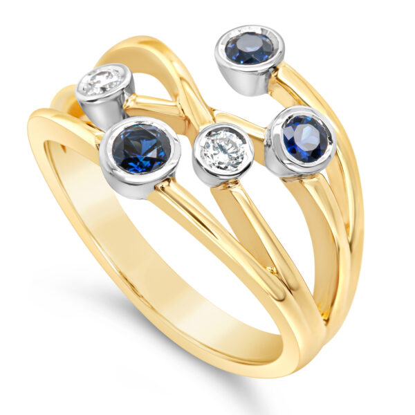 Blue Sapphire Diamond Organic Ring Design in Yellow Gold by World Treasure Designs