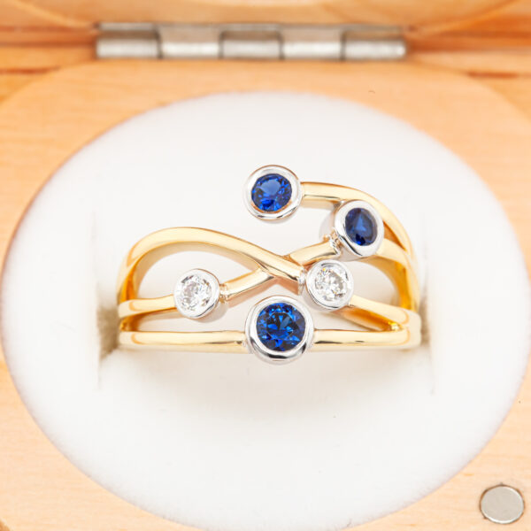 Flowing Sapphire Diamond Dress Ring with Blue Sapphires in Yellow Gold by World Treasure Designs