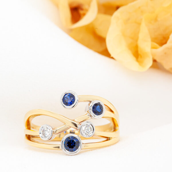 Organic Sapphire Diamond Dress Ring with Blue Sapphires in Yellow Gold by World Treasure Designs
