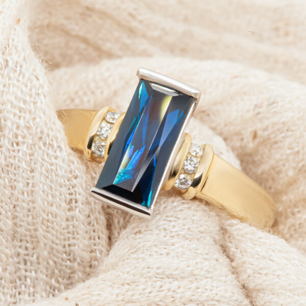 Australian Rectangular Blue Sapphire Ring with Diamonds in Yellow Gold by World Treasure Designs
