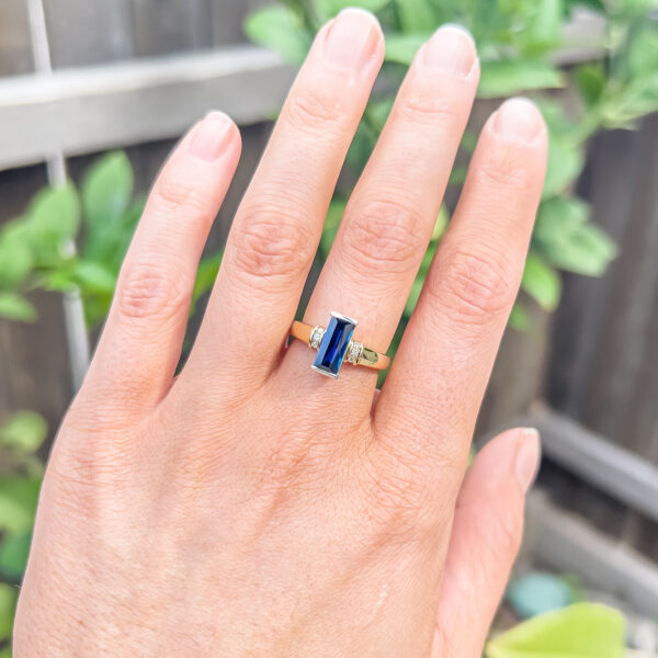 Australian Blue Sapphire Ring Vertical Rectangle in Yellow Gold by World Treasure Designs