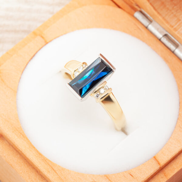 Australian Blue Rectangular Sapphire and Diamond Ring in Yellow Gold by World Treasure Designs
