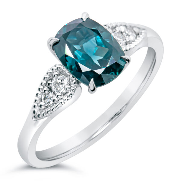 Australian Blue Teal Parti Sapphire Ring with Diamonds in White Gold by World Treasure Designs