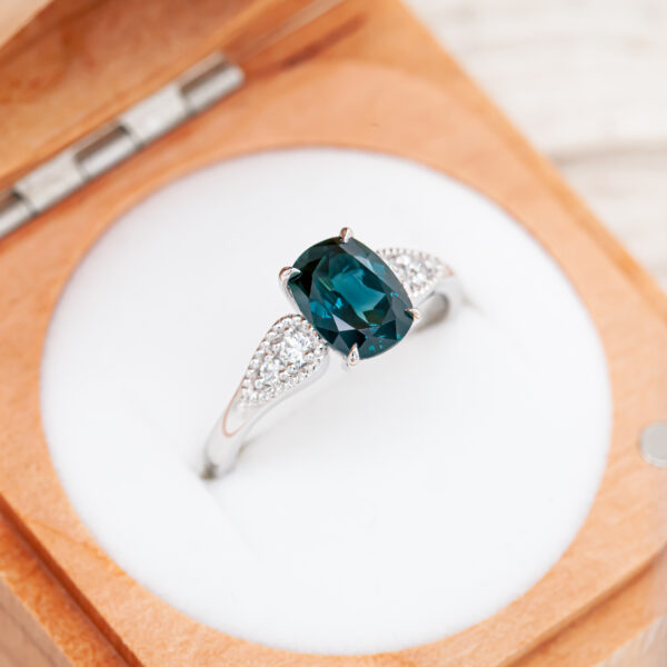 Australian Blue Teal Sapphire Ring Vintage Style in White Gold by World Treasure Designs