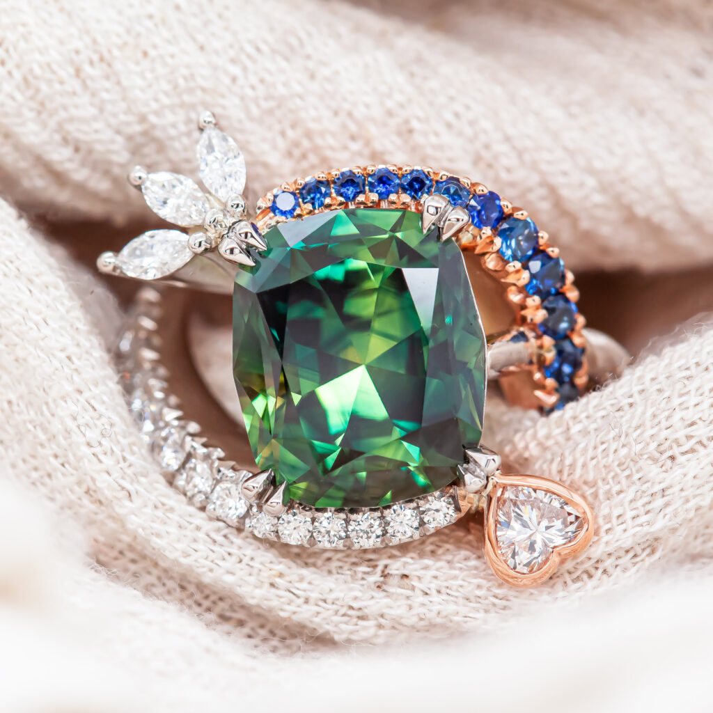 Australian Green-Blue Parti Sapphire Ring with Sapphires and Diamonds in White and Rose Gold by World Treasure Designs