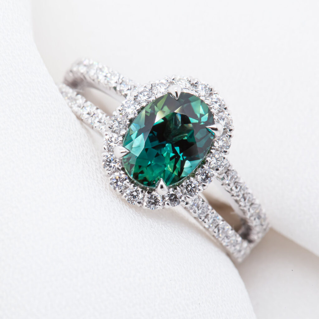 Australian Green-Blue Parti Sapphire with Diamond Halo Ring Split Shank Band White Gold by World Treasure Designs