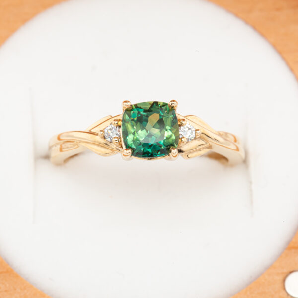 Australian Green Sapphire Ring with Diamonds in Yellow Gold by World Treasure Designs