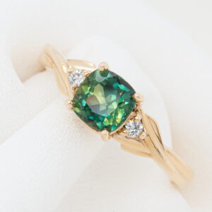Green Parti Sapphire Ring Australian Sapphire with Diamonds in Yellow Gold by World Treasure Designs