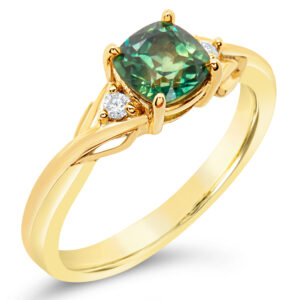 Green Parti Sapphire Ring with Diamonds in Yellow Gold by World Treasure Designs