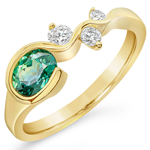 Wavy Green Parti Sapphire Ring with Diamonds in Yellow Gold by World Treasure Designs