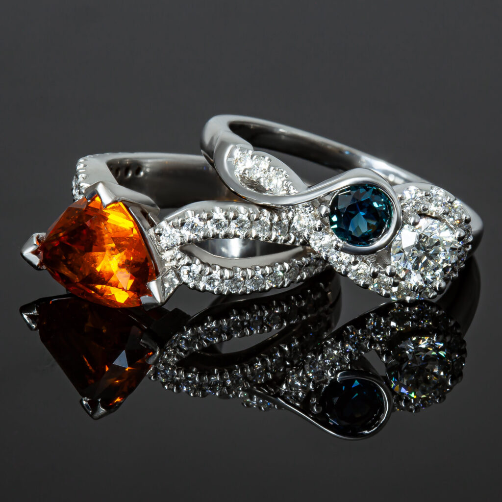 Orange Sapphire Blue Sapphire Diamond Ring White Gold by World Treasure Designs