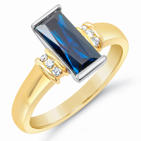 Rectangle Blue Sapphire Ring with Diamonds in Yellow Gold by World Treasure Designs