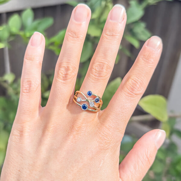 Sapphire and Diamond Dress Ring Woven Band Royal Blue in Yellow Gold by World Treasure Designs
