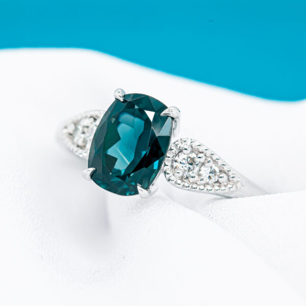 Blue Teal Parti Sapphire Ring Australian Sapphire and Diamonds in White Gold by World Treasure Designs