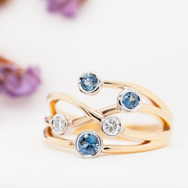 Diamond and Australian Ice Blue Sapphire Ring in Yellow Gold by World Treasure Designs