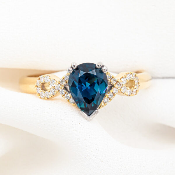Australian Blue Pear Shaped Sapphire and Diamond Ring in Yellow and White Gold by World Treasure Designs