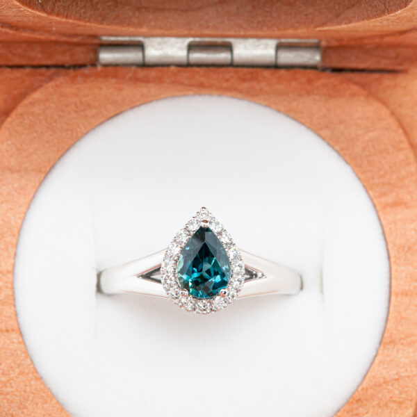 Australian Blue Teal Parti Sapphire and Diamond Ring in White Gold by World Treasure Designs